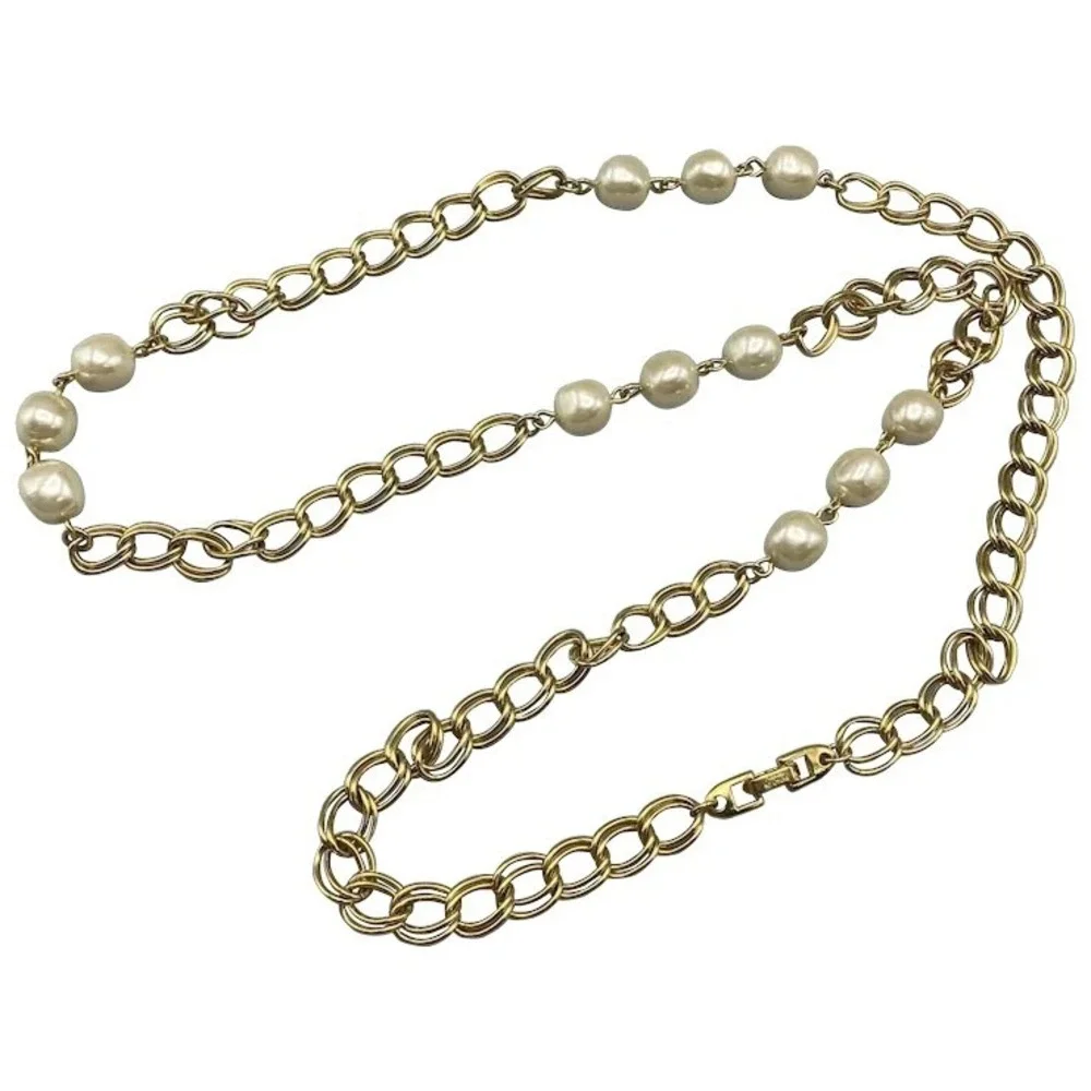 Napier Gold‎ Tone Chain Stationed Faux Pearl Chunky Link Necklace 35
